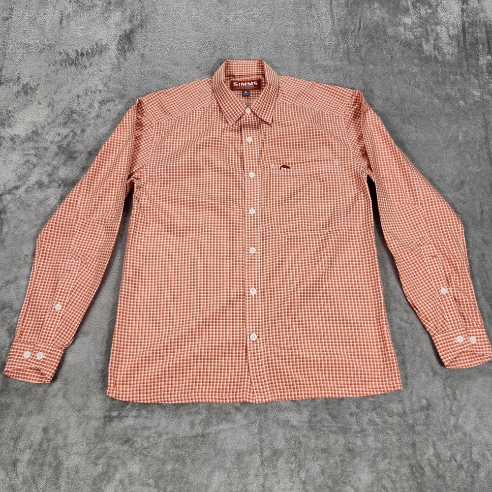 Simms Shirt Mens Small Orange Check Long Sleeve Button Up Fishing Outdoor Casual